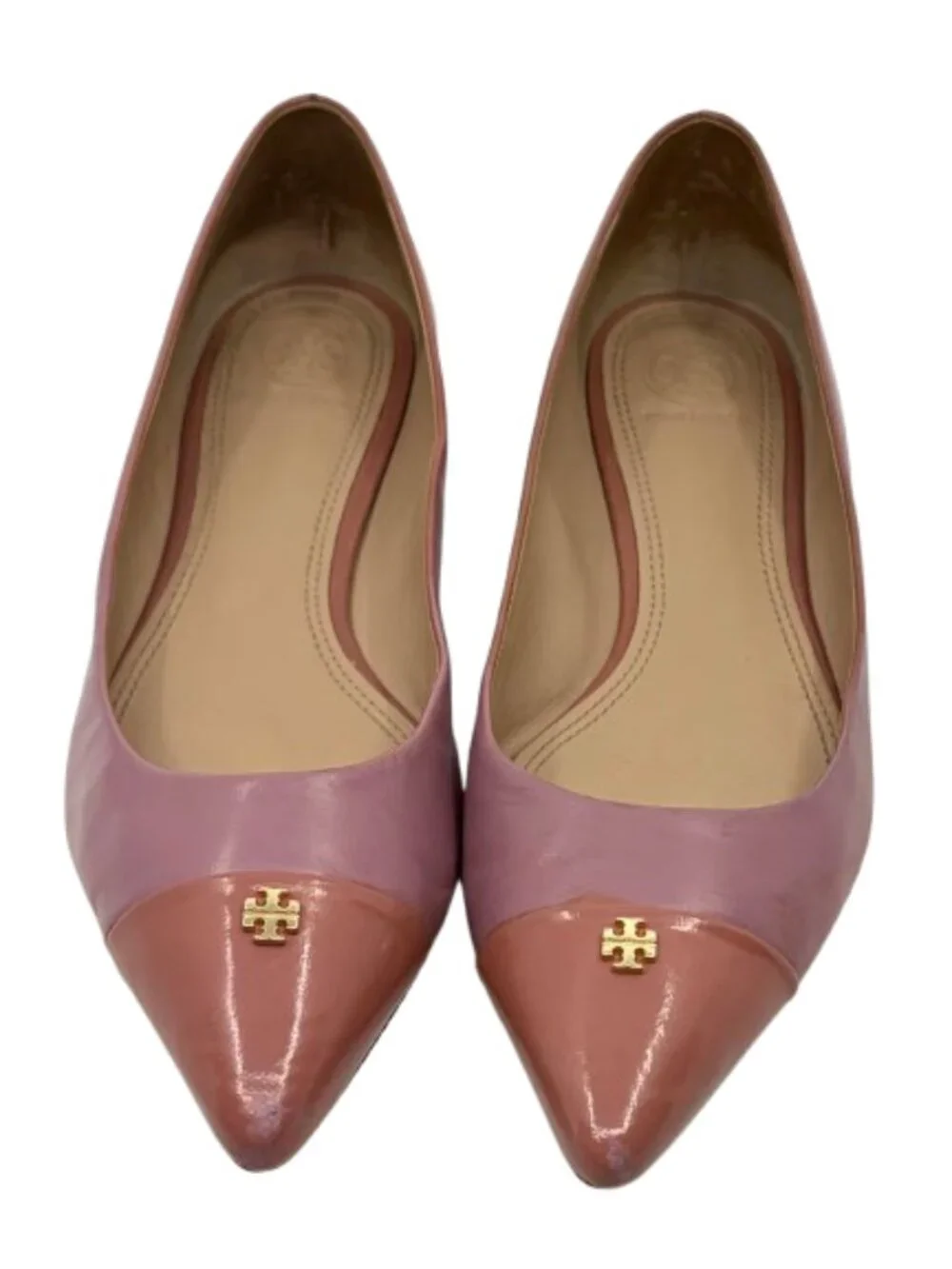 TORY BURCH~Fairfield~POINTED TOE CALF LEATHER BALLET FLATS Pink & Mauve Sz 8.5
